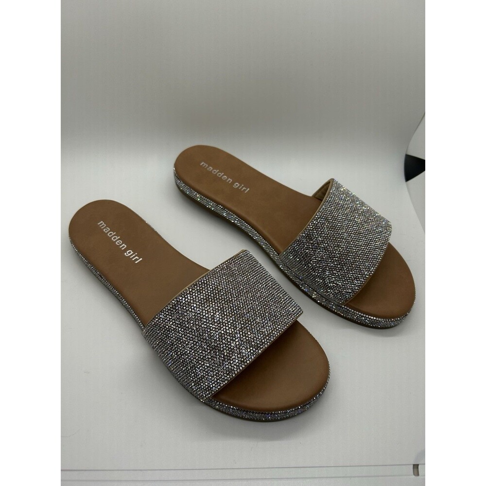 NWB Madden Girl Lizaa Rhinestone Platform Slide Sandals Silver Size 8.5